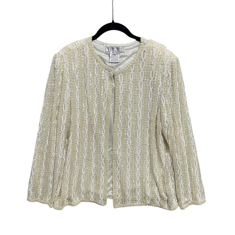 Vintage 90s Silk Beaded Sequins Adrianna Pappell Evening Formal Glam Jacket Sz L